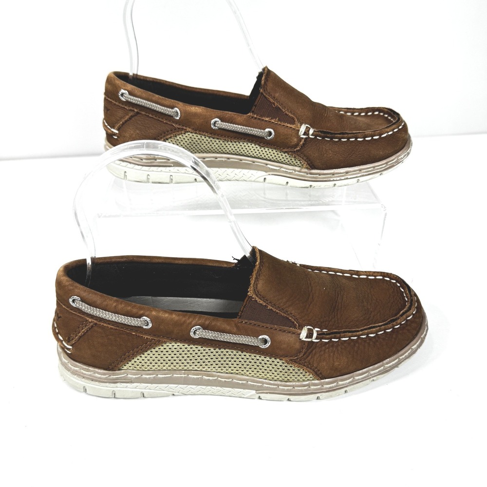 Sperry Boys Brown Leather Mesh Slip On Boat Shoes Loafers Kids 4 Classic